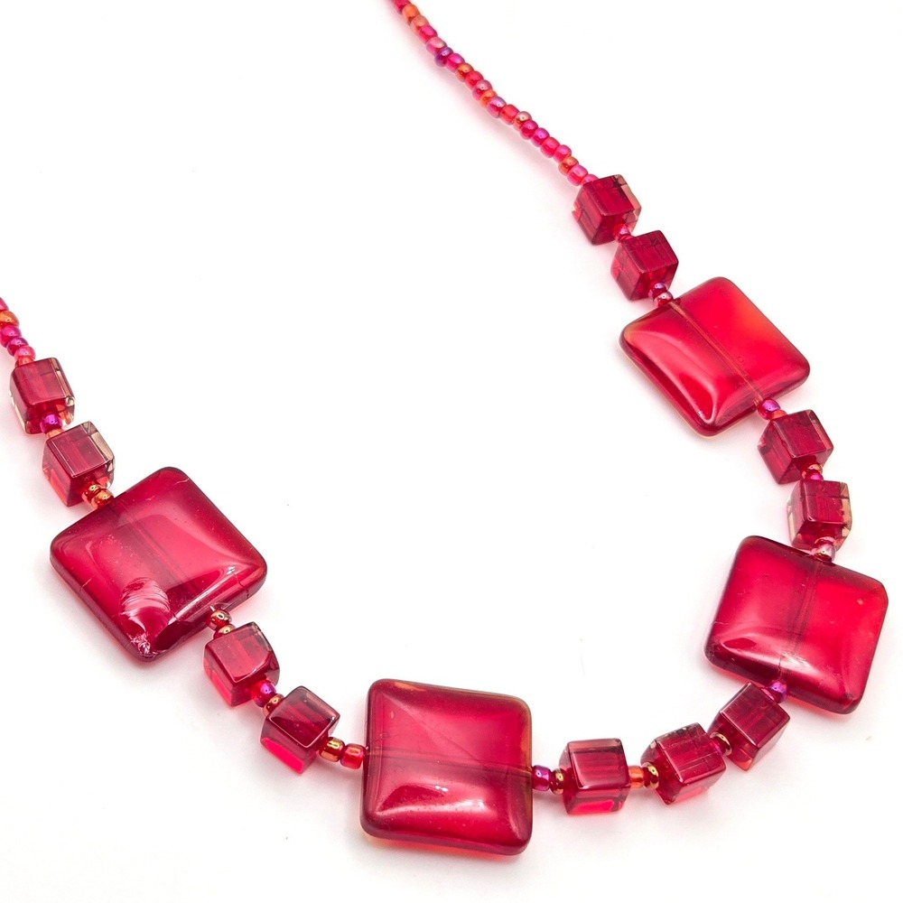 Red Pressed Glass Square Bead Necklace Adjustable Lobster Clasp Red Seed Beads